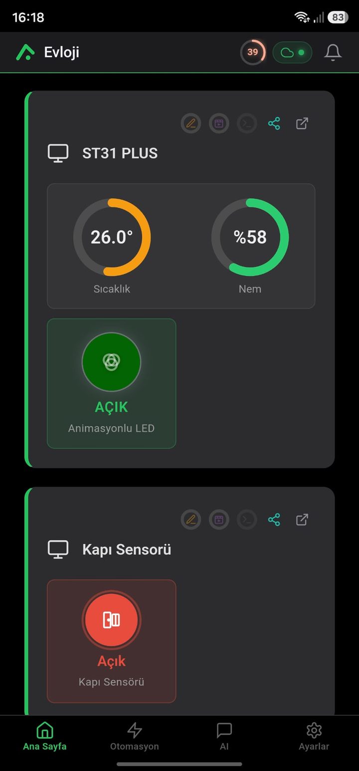 Evloji Canlı Pano — sıcaklık, nem ve cihaz kartları